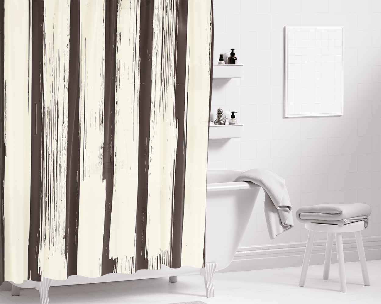 Black Brush Stripes Bathroom Shower Curtain Fabric Waterproof | 66 X 72 Inch
