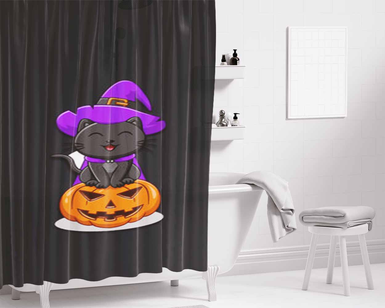 Black Cat Pumpkin Halloween Bathroom Shower Curtain Fabric Waterproof | 66 X 72 Inch