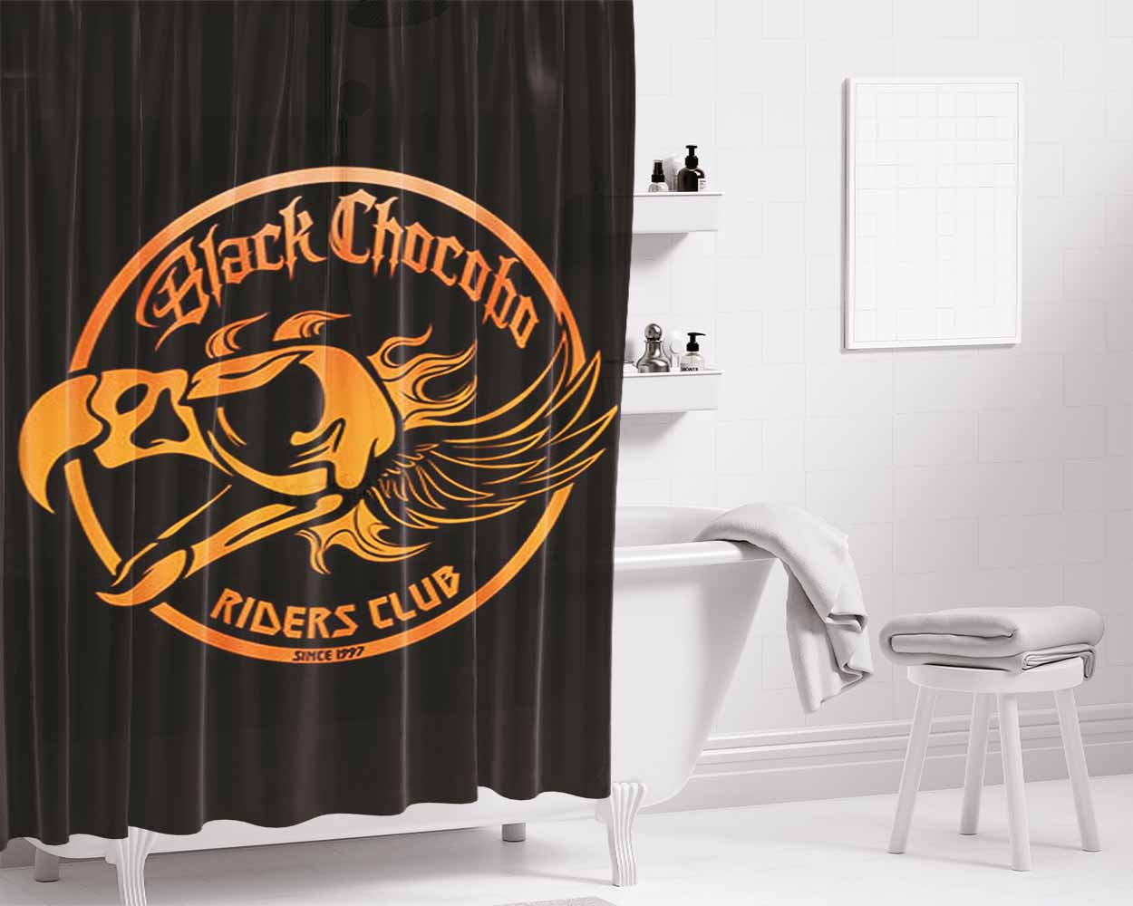 Black Chocobo Riders Club Bathroom Shower Curtain Fabric Waterproof | 66 X 72 Inch