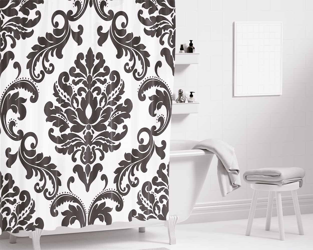 Black Damask Pattern Bathroom Shower Curtain Fabric Waterproof | 66 X 72 Inch