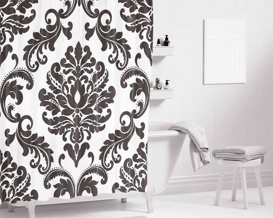 Black Damask Pattern Bathroom Shower Curtain Fabric Waterproof | 66 X 72 Inch