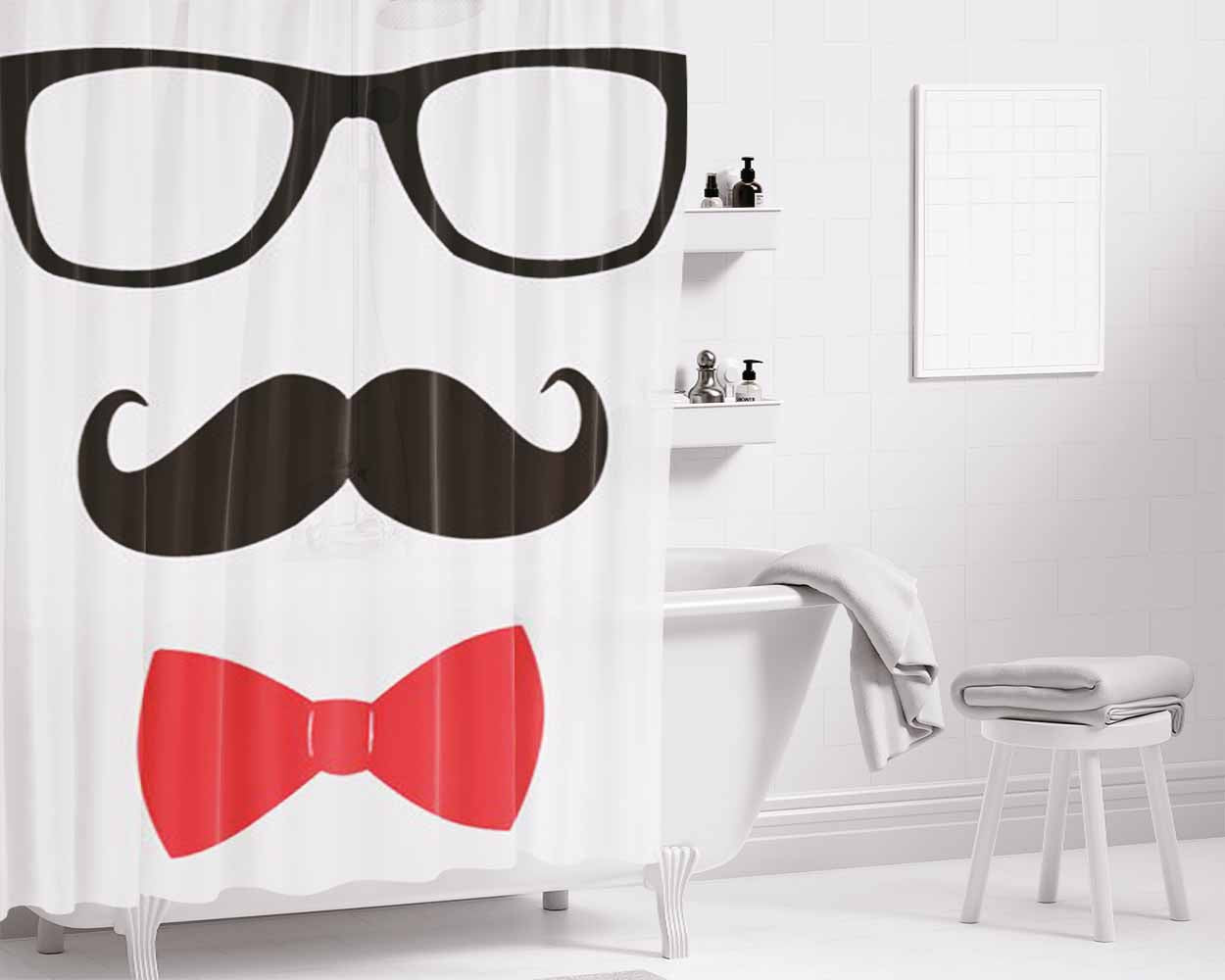Black French Mustache Glasses Bowtie Bathroom Shower Curtain Fabric Waterproof | 66 X 72 Inch