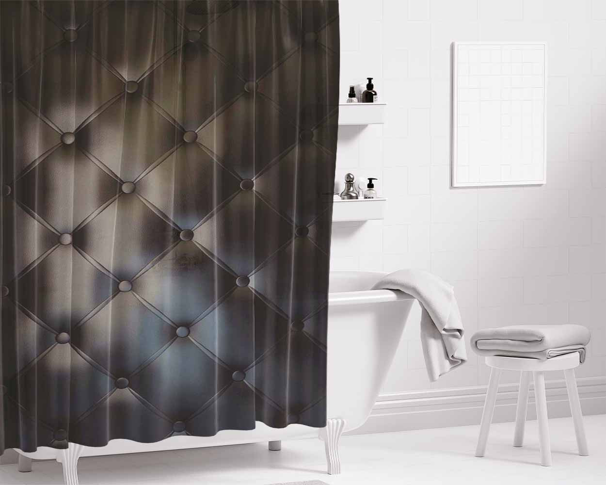 Black Leather Buttoned Pattern Printed Bathroom Shower Curtain Fabric Waterproof | 66 X 72 Inch