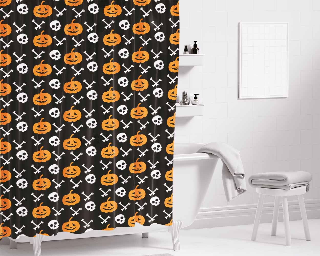Black Pattern Pumpkins Bone And Head Skeleton Halloween Bathroom Shower Curtain Fabric Waterproof | 66 X 72 Inch