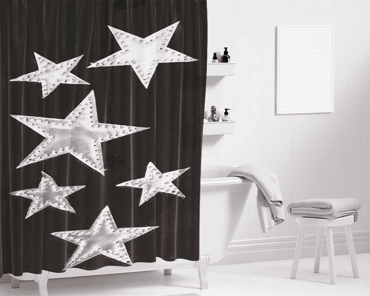 Black Velvet Silver Star Bathroom Shower Curtain Fabric Waterproof | 66 X 72 Inch