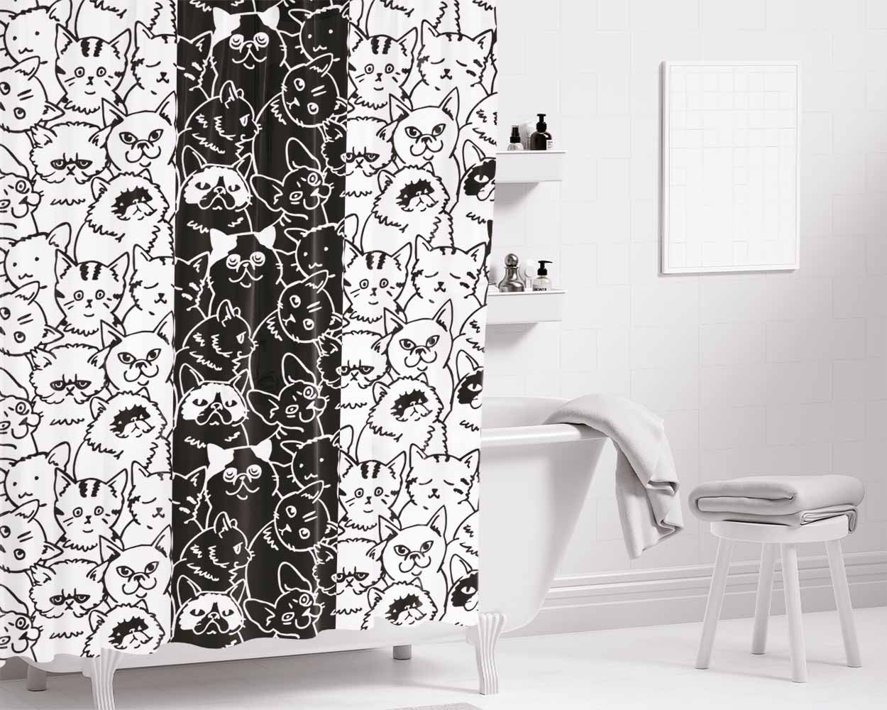 Black White Cats Pattern Bathroom Shower Curtain Fabric Waterproof | 66 X 72 Inch