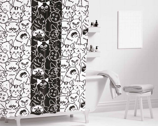 Black White Cats Pattern Bathroom Shower Curtain Fabric Waterproof | 66 X 72 Inch