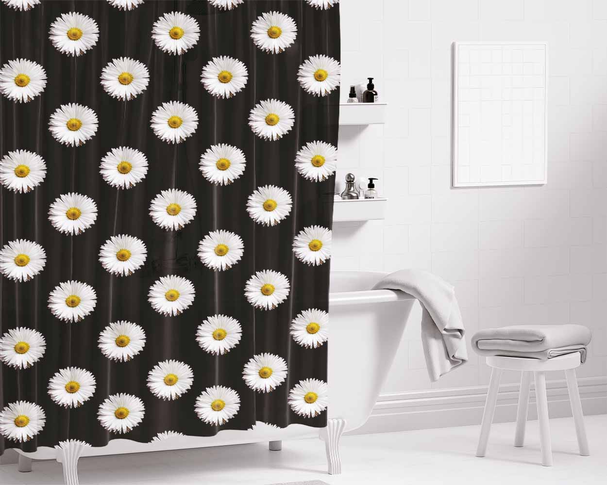Black White Daisy Flower Pattern Bathroom Shower Curtain Fabric Waterproof | 66 X 72 Inch