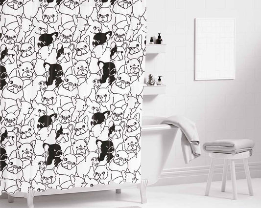 Black White French Bulldog Pattern Bathroom Shower Curtain Fabric Waterproof | 66 X 72 Inch