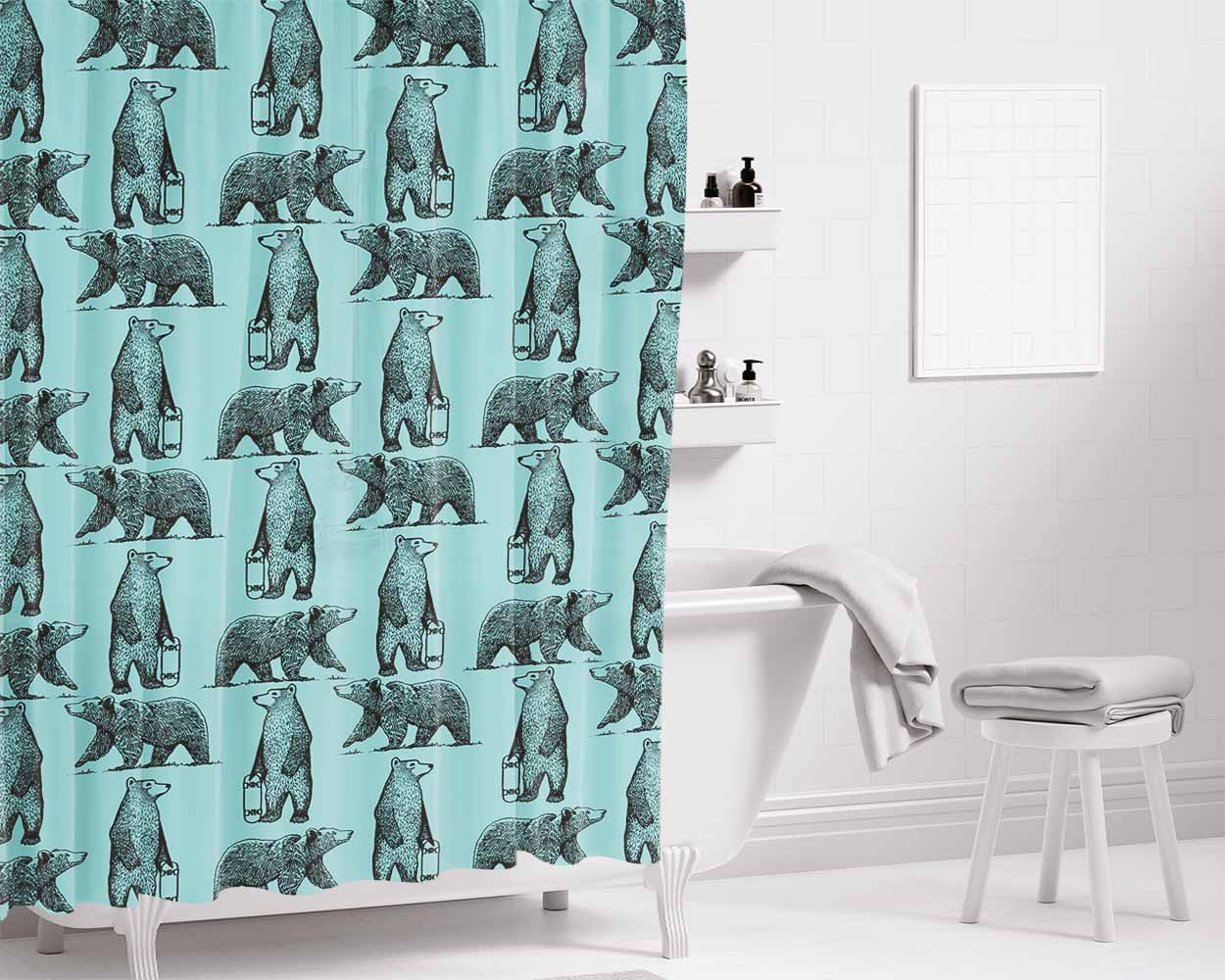 Blue And Black Skate Bear Illustrations Pattern Bathroom Shower Curtain Fabric Waterproof | 66 X 72 Inch