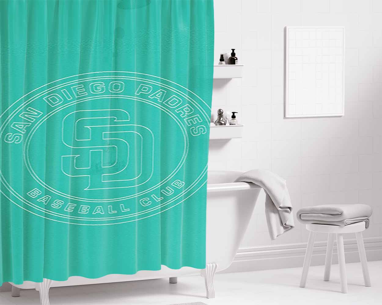 Blue Art San Diego Padres Bathroom Shower Curtain Fabric Waterproof | 66 X 72 Inch