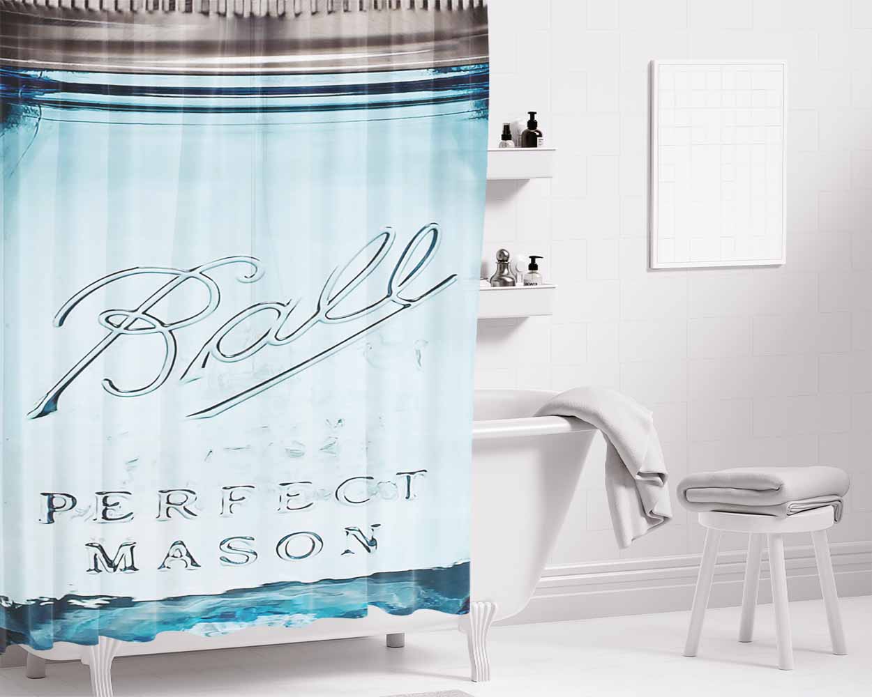Blue Ball Glass Mason Bathroom Shower Curtain Fabric Waterproof | 66 X 72 Inch