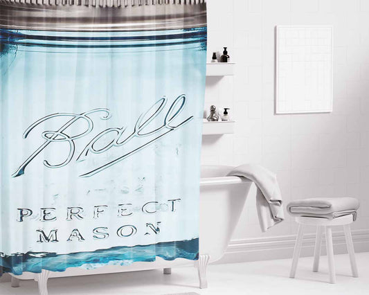 Blue Ball Glass Mason Bathroom Shower Curtain Fabric Waterproof | 66 X 72 Inch