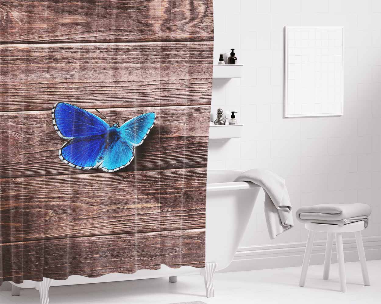 Blue Butterfly Bathroom Shower Curtain Fabric Waterproof | 66 X 72 Inch