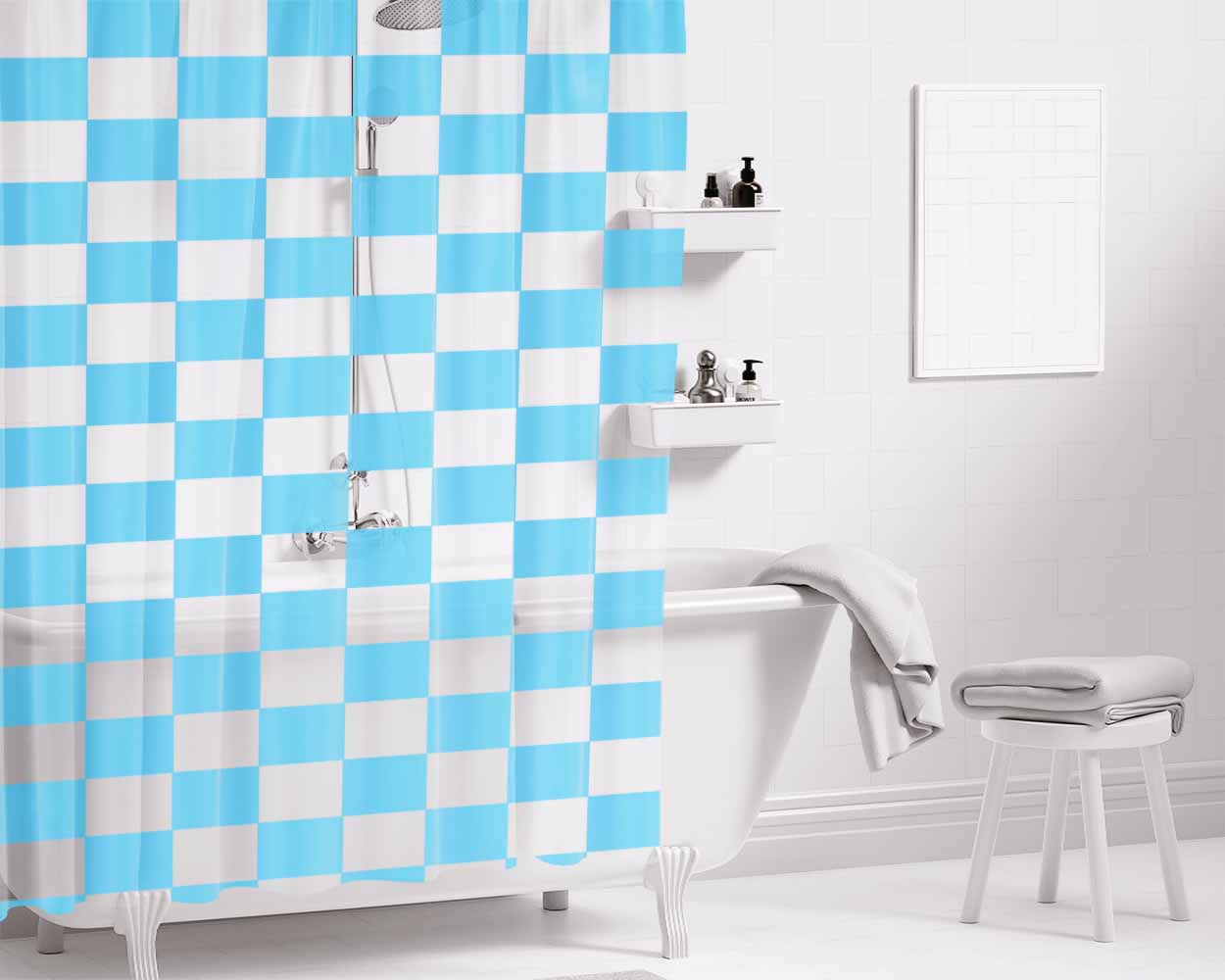 Blue Checkered Board Pattern Color Bathroom Shower Curtain Fabric Waterproof | 66 X 72 Inch