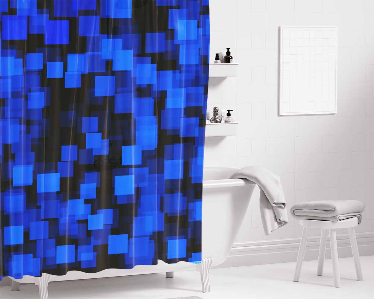Blue Cuboids Bathroom Shower Curtain Fabric Waterproof | 66 X 72 Inch