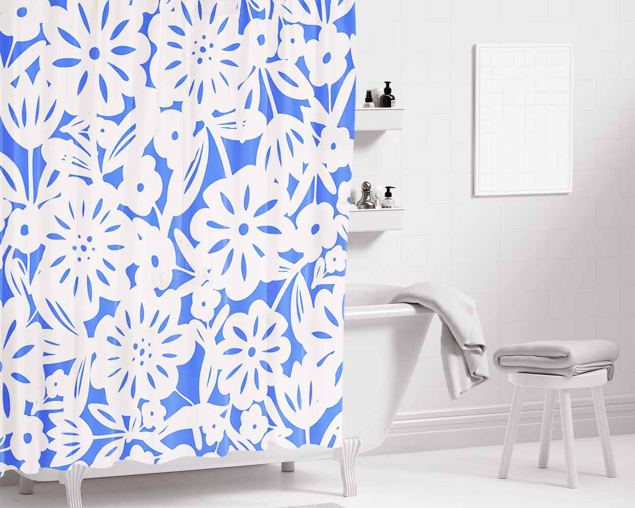 Blue Cutouts Bathroom Shower Curtain Fabric Waterproof | 66 X 72 Inch