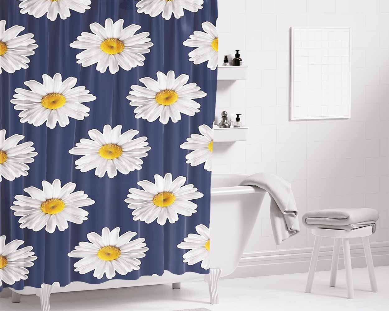 Blue Daisy Flower Bathroom Shower Curtain Fabric Waterproof | 66 X 72 Inch