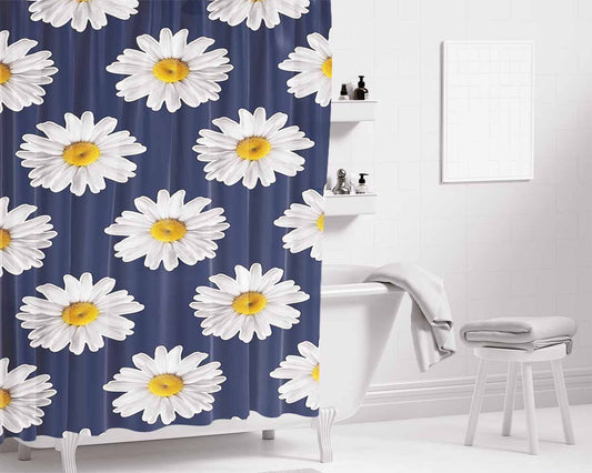 Blue Daisy Flower Bathroom Shower Curtain Fabric Waterproof | 66 X 72 Inch
