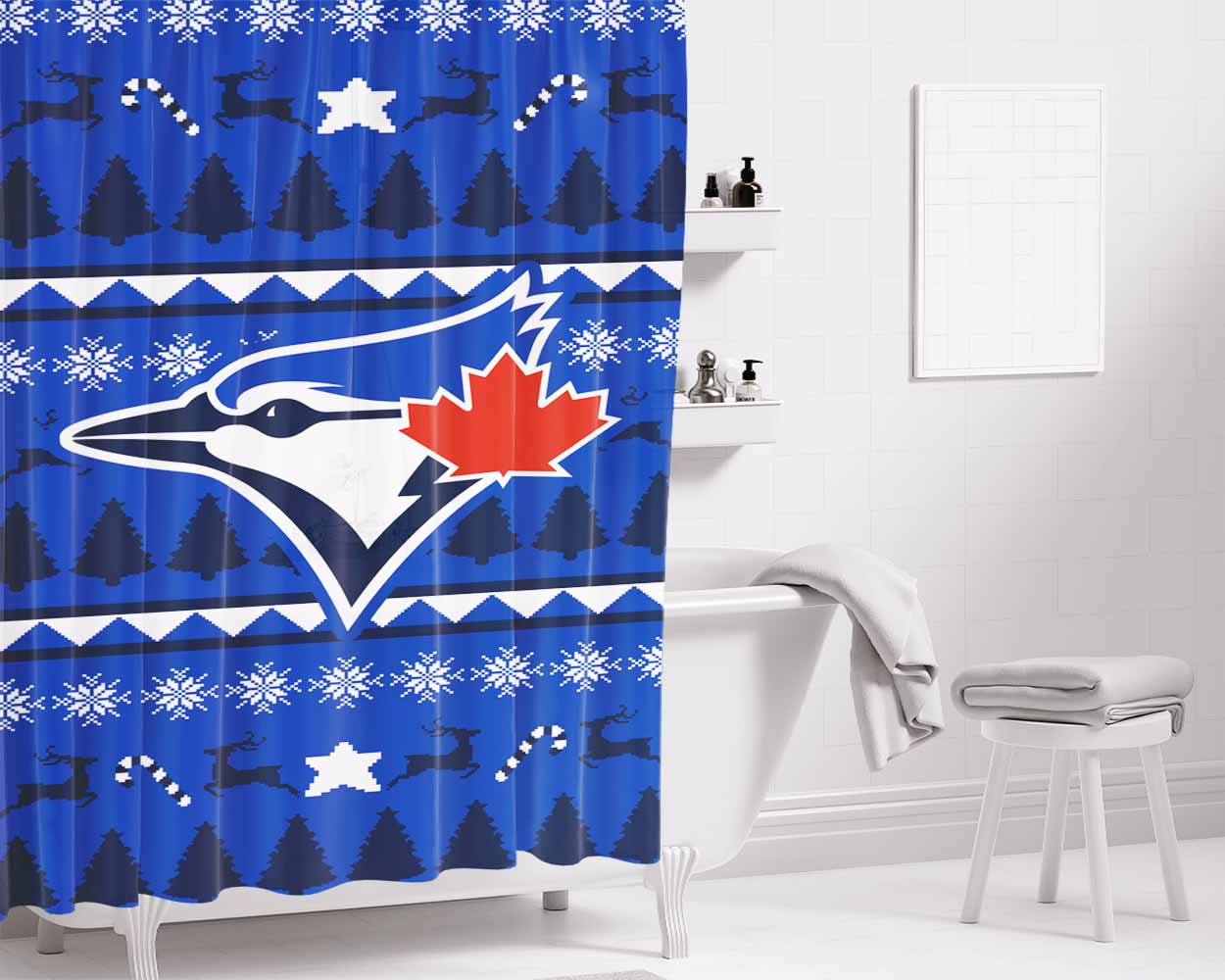 Blue Jays Christmas Sweater Bathroom Shower Curtain Fabric Waterproof | 66 X 72 Inch