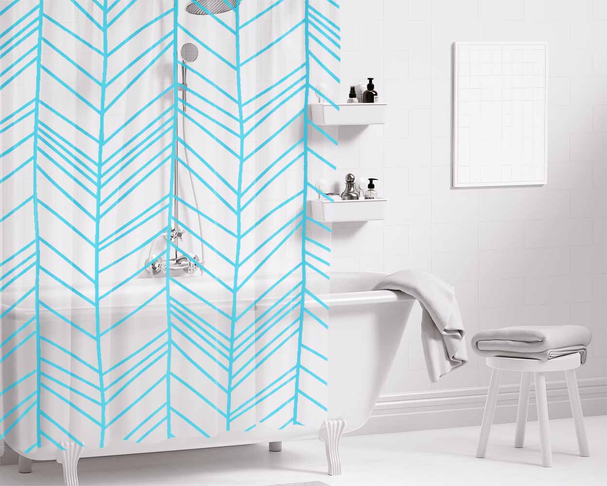 Blue Line Hand Drawn Chevron Seamless Pattern Bathroom Shower Curtain Fabric Waterproof | 66 X 72 Inch