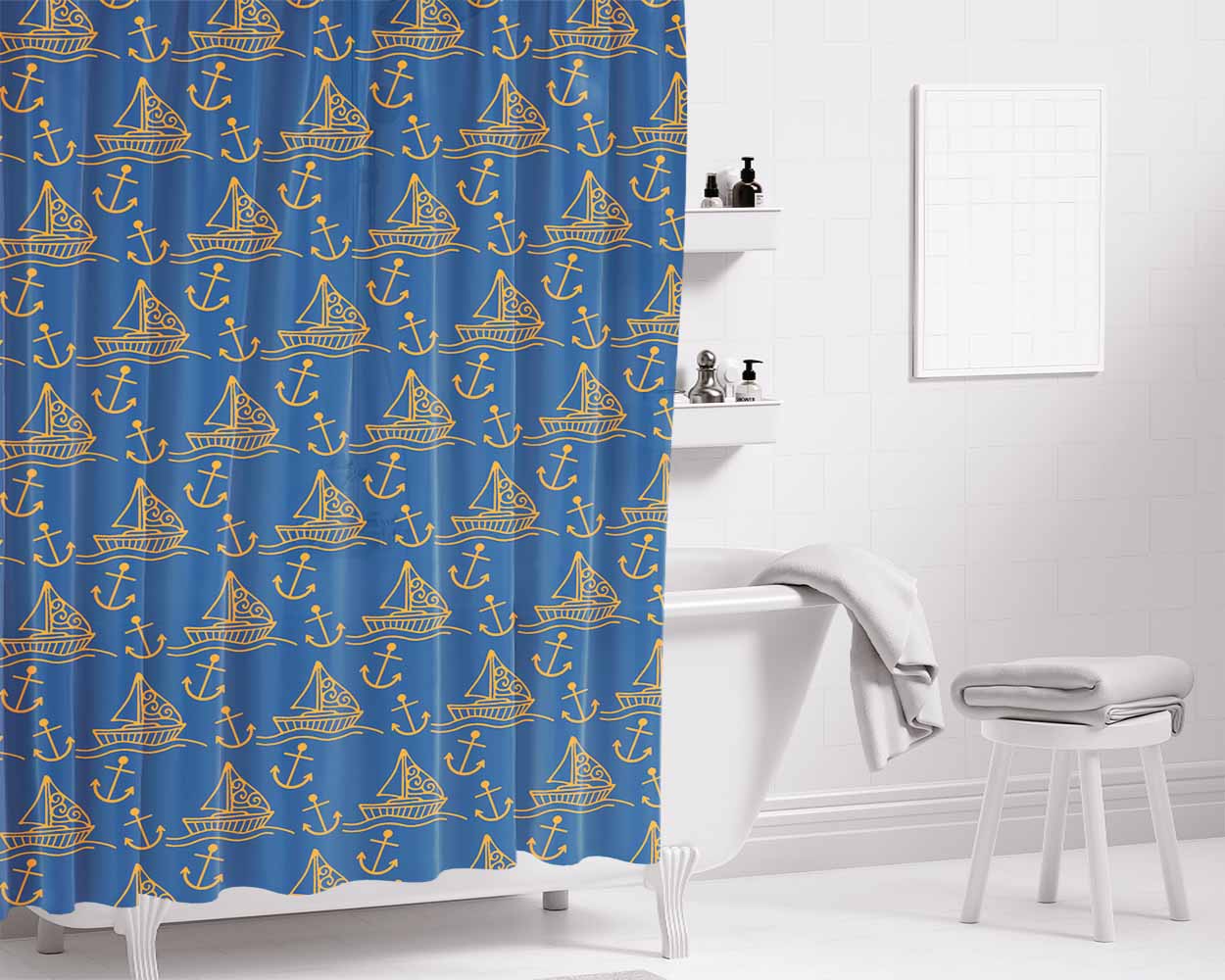 Blue Orange Sailor Ship Pattern Bathroom Shower Curtain Fabric Waterproof | 66 X 72 Inch
