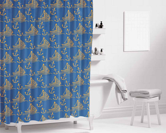 Blue Orange Sailor Ship Pattern Bathroom Shower Curtain Fabric Waterproof | 66 X 72 Inch
