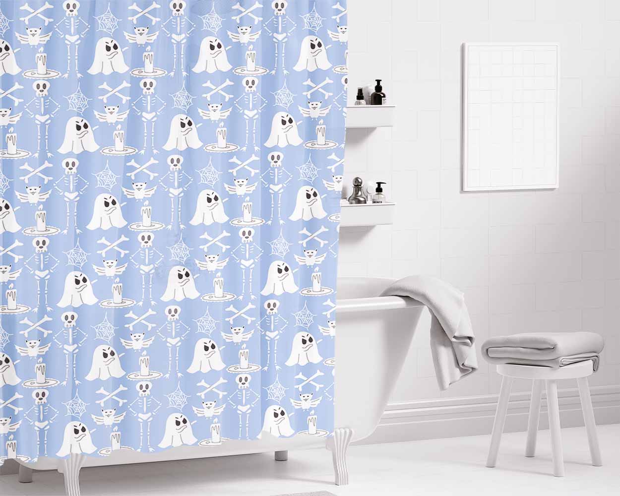 Blue Pattern Halloween Ghost Skeleton Bathroom Shower Curtain Fabric Waterproof | 66 X 72 Inch