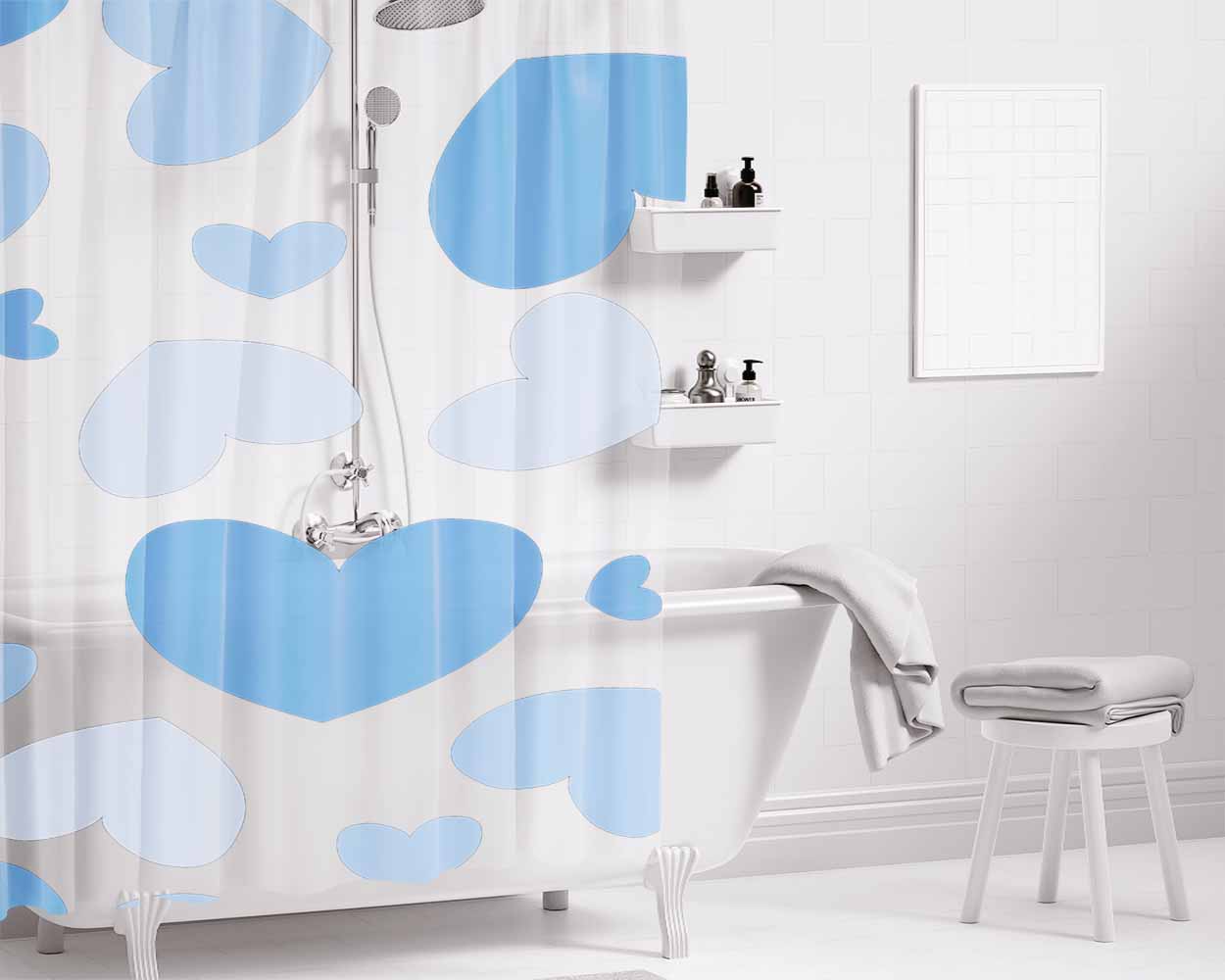 Blue Pattern Of Heart Bathroom Shower Curtain Fabric Waterproof | 66 X 72 Inch