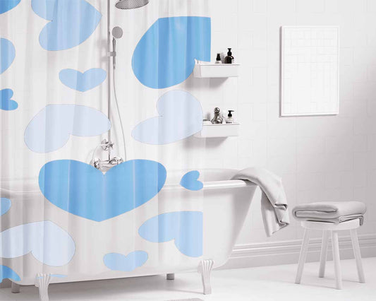 Blue Pattern Of Heart Bathroom Shower Curtain Fabric Waterproof | 66 X 72 Inch