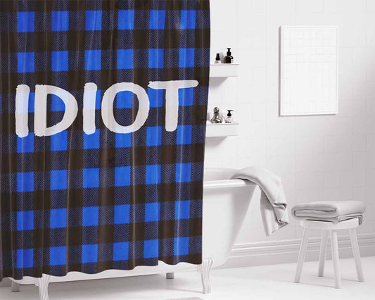 Blue Plaid Idiot 2 Bathroom Shower Curtain Fabric Waterproof | 66 X 72 Inch