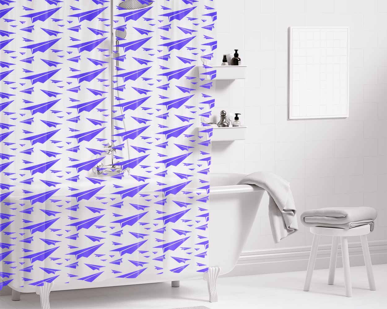 Blue Plane Art Pattern Ori Bathroom Shower Curtain Fabric Waterproof | 66 X 72 Inch