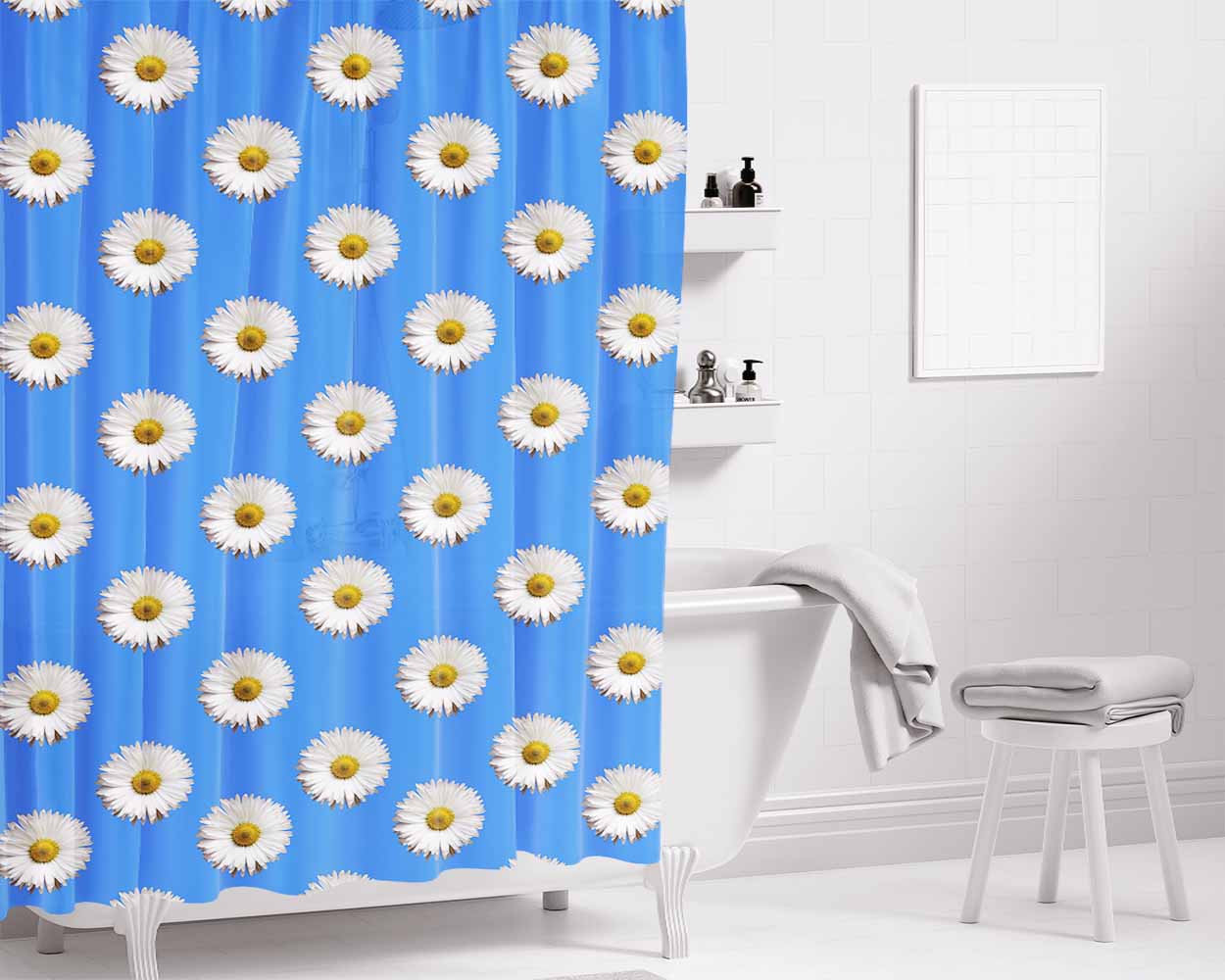 Blue White Daisy Flower Pattern Bathroom Shower Curtain Fabric Waterproof | 66 X 72 Inch