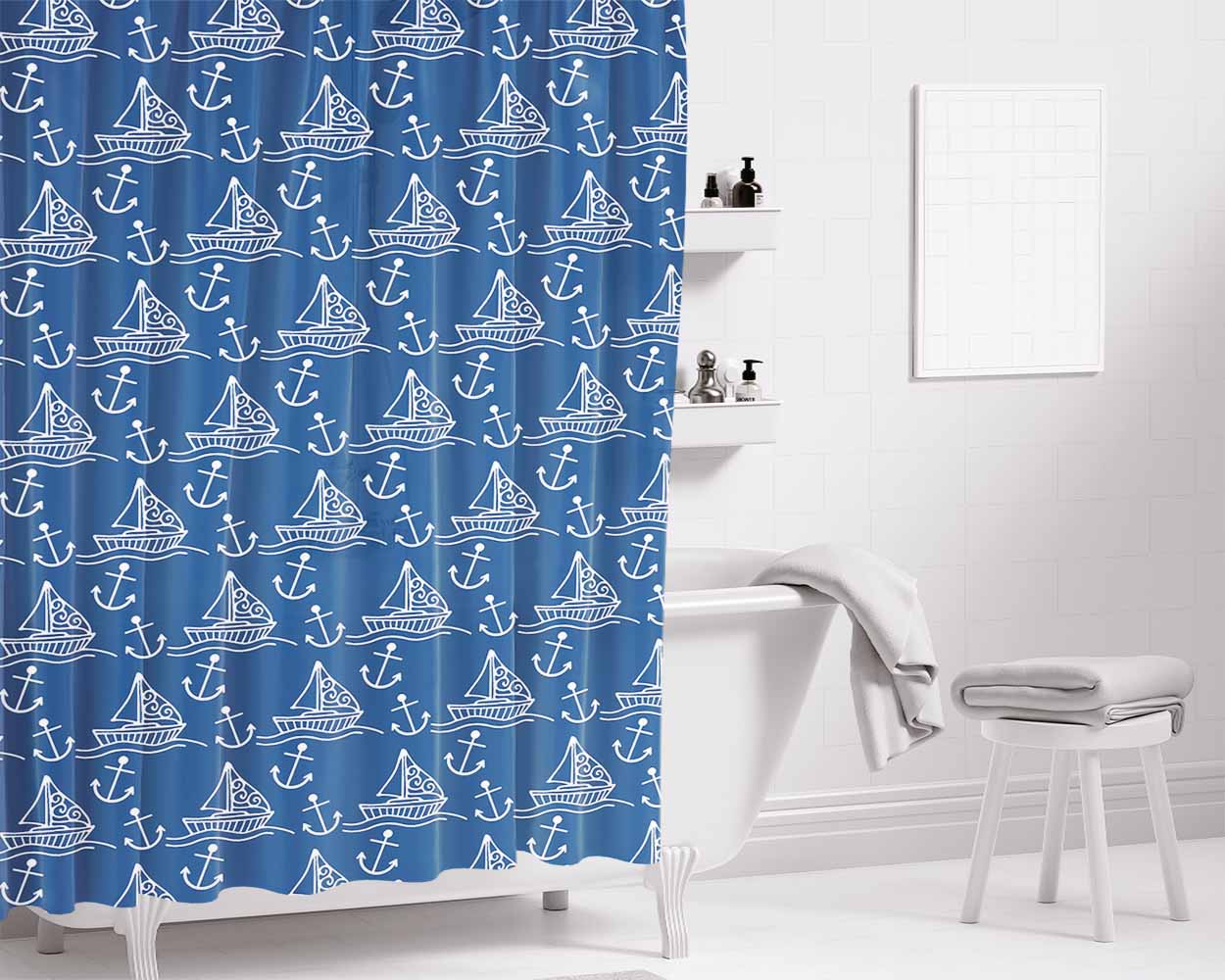 Blue White Sailor Ship Pattern Bathroom Shower Curtain Fabric Waterproof | 66 X 72 Inch