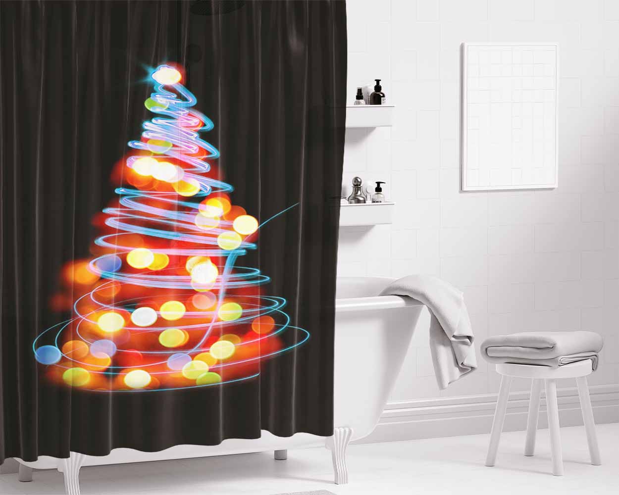 Blurred Xmas Tree Bathroom Shower Curtain Fabric Waterproof | 66 X 72 Inch