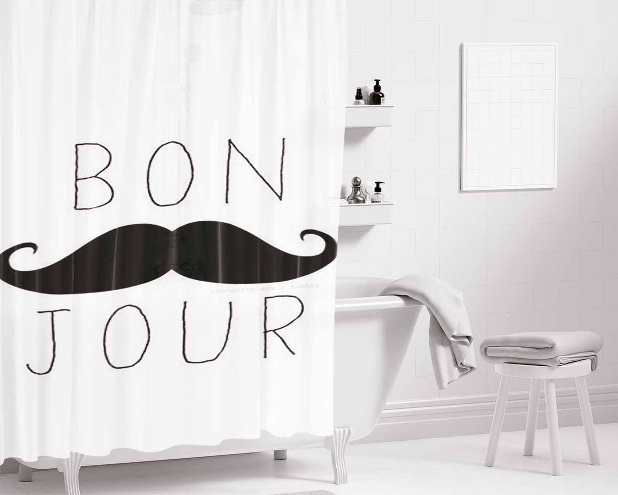 Bon Jour Moustache Bathroom Shower Curtain Fabric Waterproof | 66 X 72 Inch