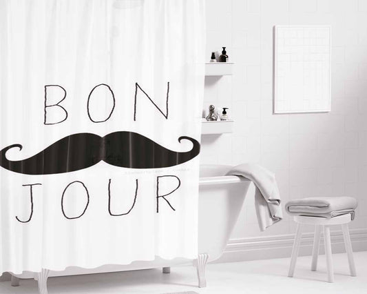 Bon Jour Moustache Bathroom Shower Curtain Fabric Waterproof | 66 X 72 Inch