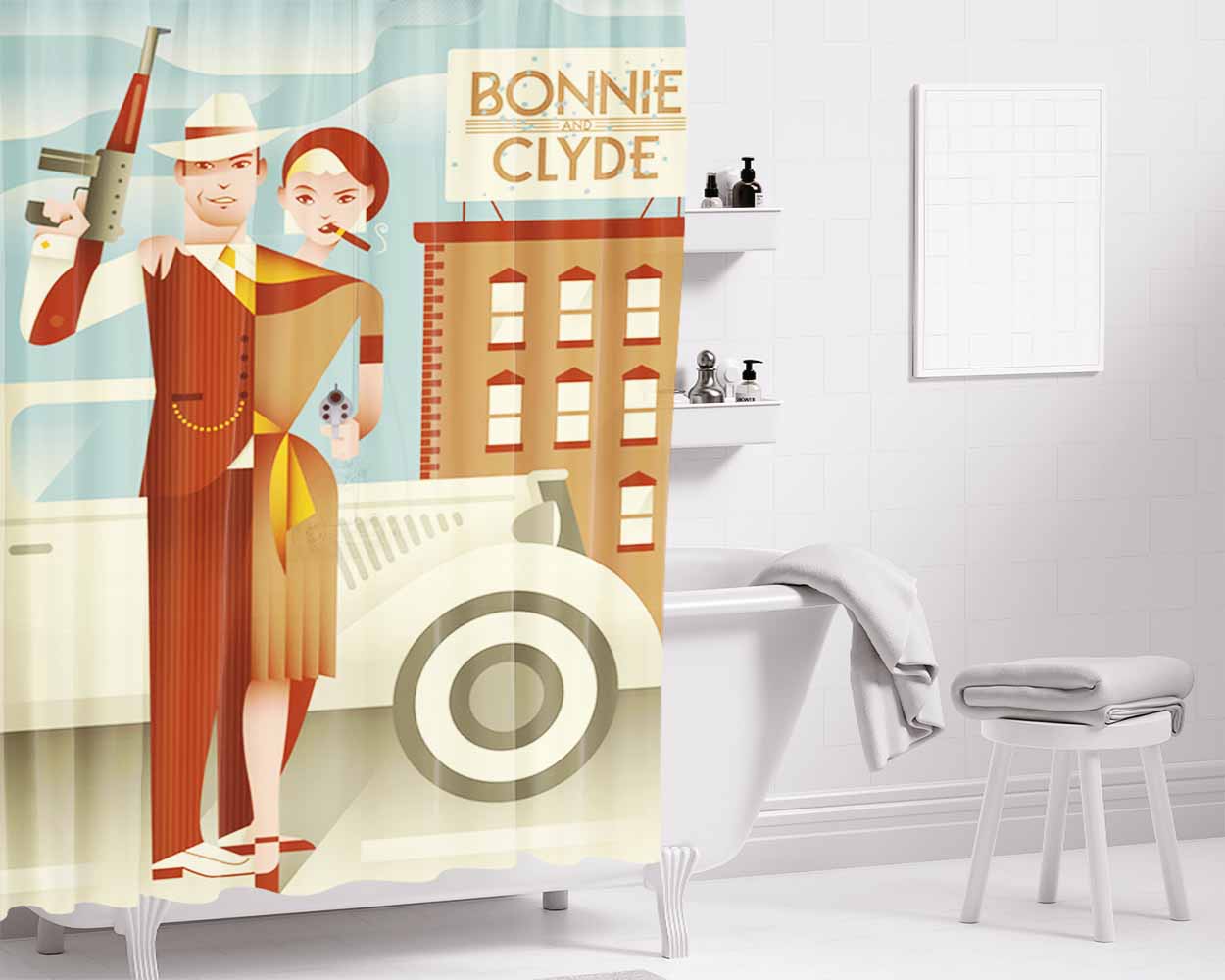 Bonnie And Clyde Bathroom Shower Curtain Fabric Waterproof | 66 X 72 Inch