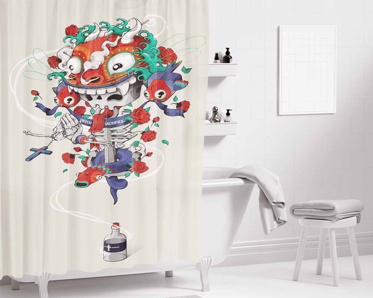 Bottle Art China Bathroom Shower Curtain Fabric Waterproof | 66 X 72 Inch