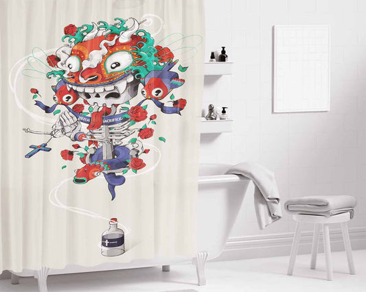 Bottle Art China Bathroom Shower Curtain Fabric Waterproof | 66 X 72 Inch