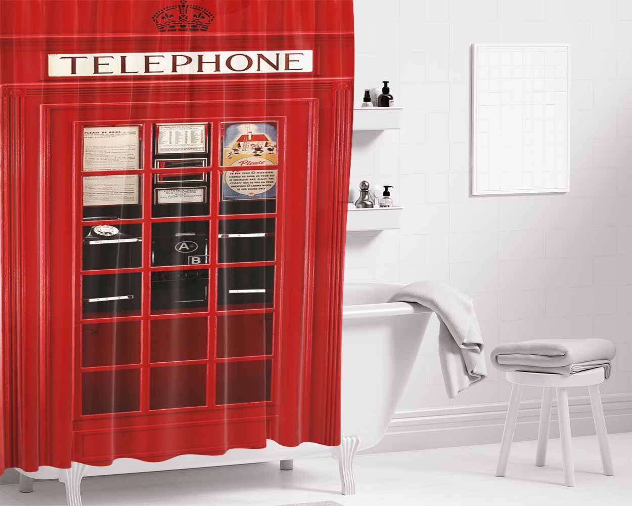 British Phone Box Bathroom Shower Curtain Fabric Waterproof | 66 X 72 Inch