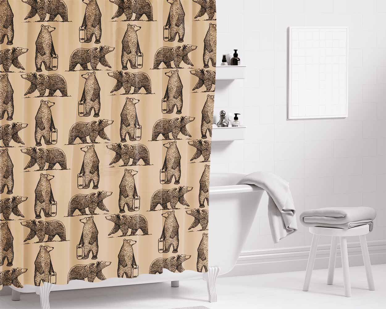 Brown And Black Skate Bear Illustrations Pattern Bathroom Shower Curtain Fabric Waterproof | 66 X 72 Inch