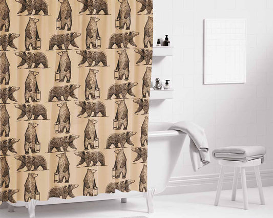 Brown And Black Skate Bear Illustrations Pattern Bathroom Shower Curtain Fabric Waterproof | 66 X 72 Inch