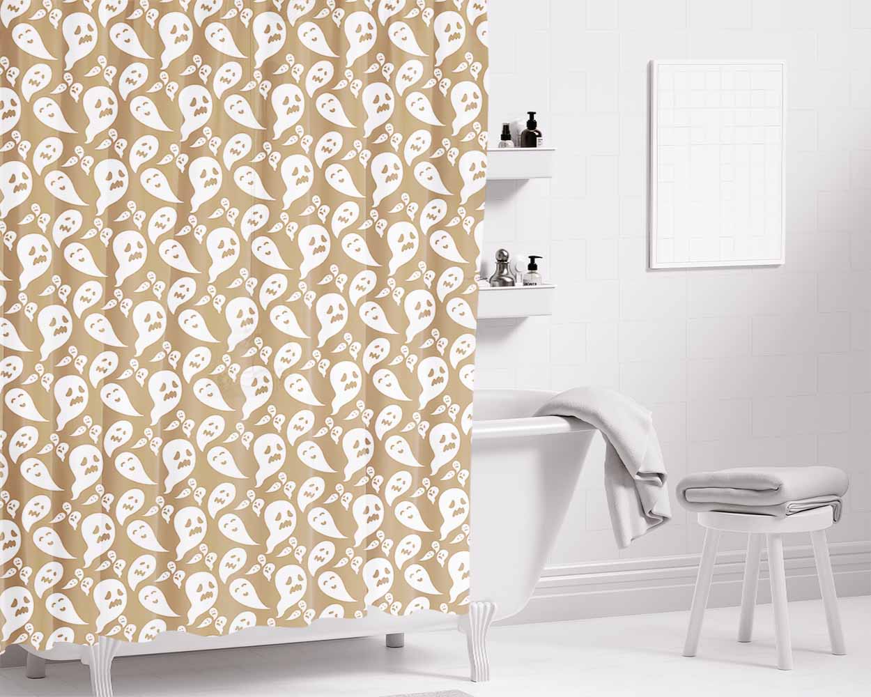 Brown Ghosts Pattern Halloween Bathroom Shower Curtain Fabric Waterproof | 66 X 72 Inch