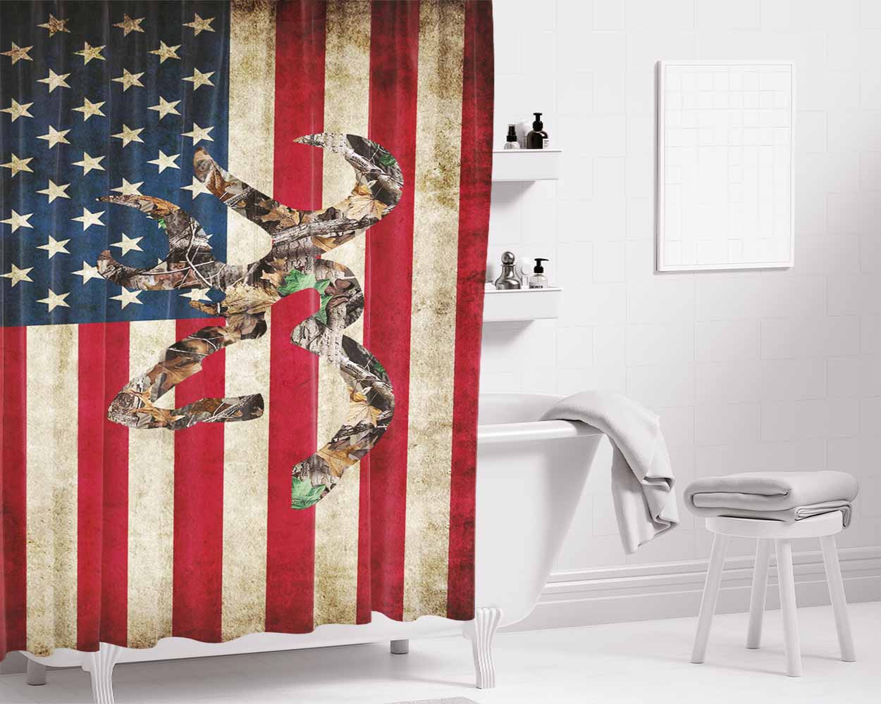 Browning Deer Real Tree Camo Usa Flag Bathroom Shower Curtain Fabric Waterproof | 66 X 72 Inch