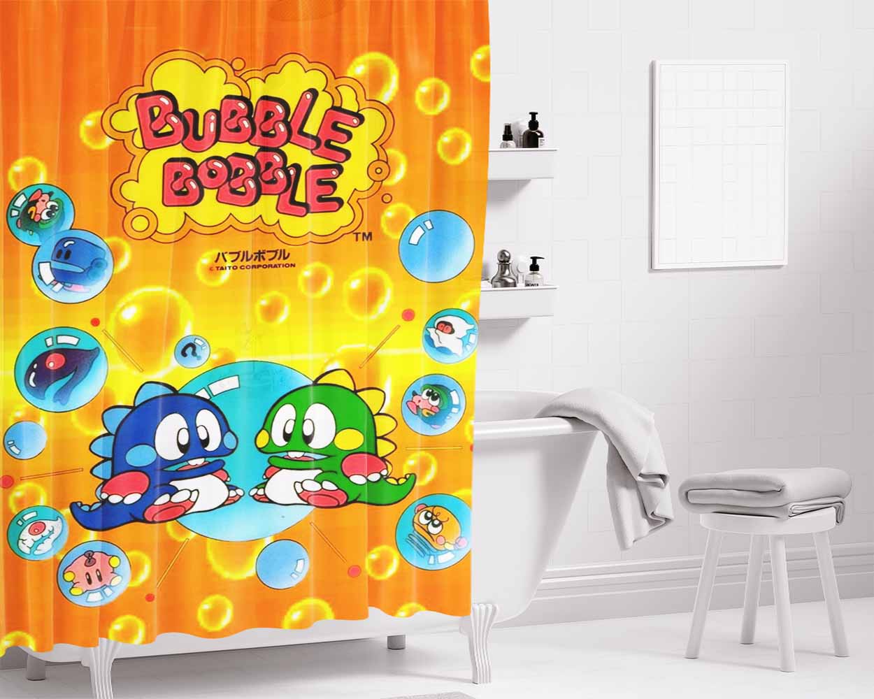 Bubble Bobble Arcade Retro Bathroom Shower Curtain Fabric Waterproof | 66 X 72 Inch