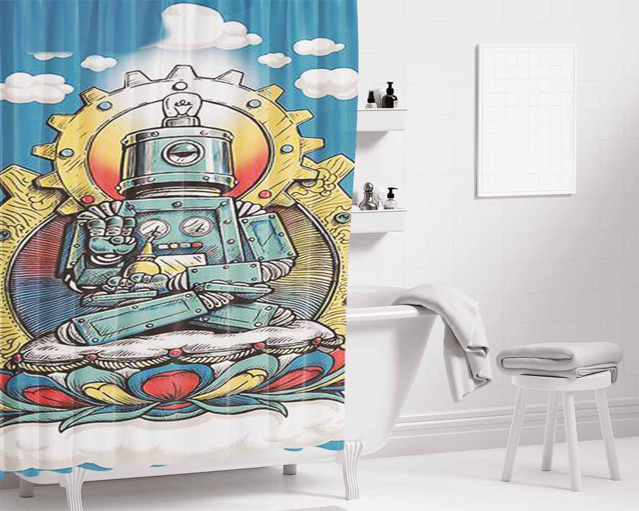 Buddha Bot V6 Bathroom Shower Curtain Fabric Waterproof | 66 X 72 Inch