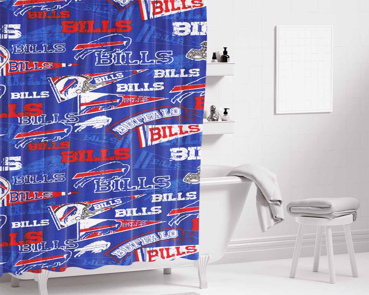 Buffalo Bills Logo Doodle Bathroom Shower Curtain Fabric Waterproof | 66 X 72 Inch