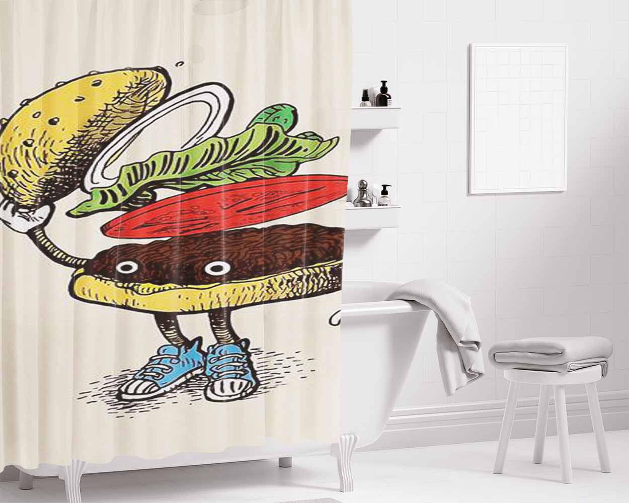 Burger Greeting Bathroom Shower Curtain Fabric Waterproof | 66 X 72 Inch