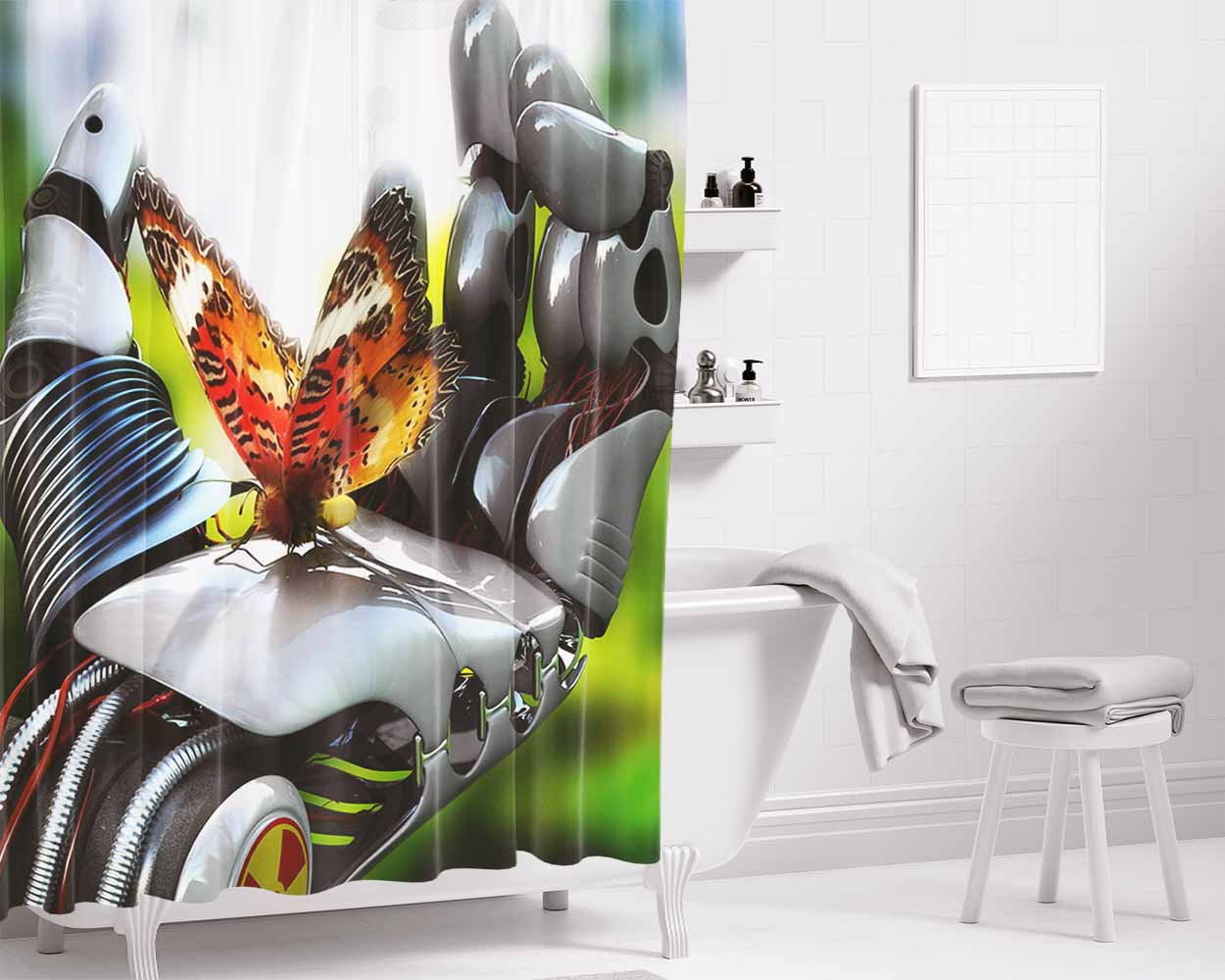 Butterfly At Hand'S Robot Bathroom Shower Curtain Fabric Waterproof | 66 X 72 Inch